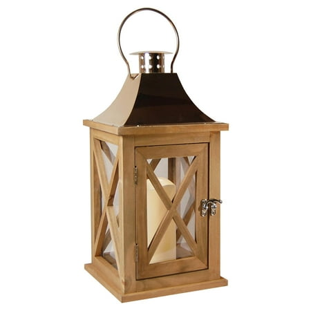 Natural Metal - 15” Natural Finished Wooden Lantern with Metal Roof and Flame Less LED Candle