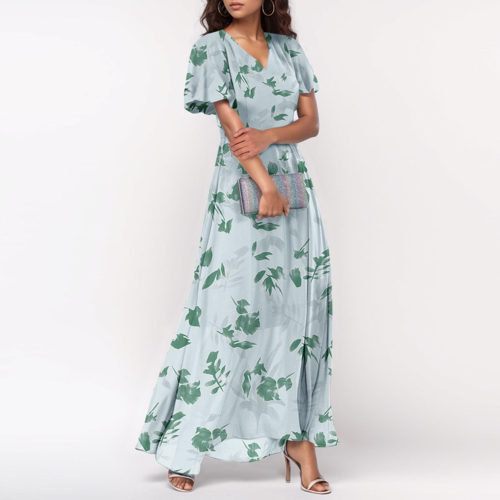 Women's Summer Boho Floral Maxi Dress - V-Neck, Short Sleeve, Ruffle Hem (Medium, H-blue)