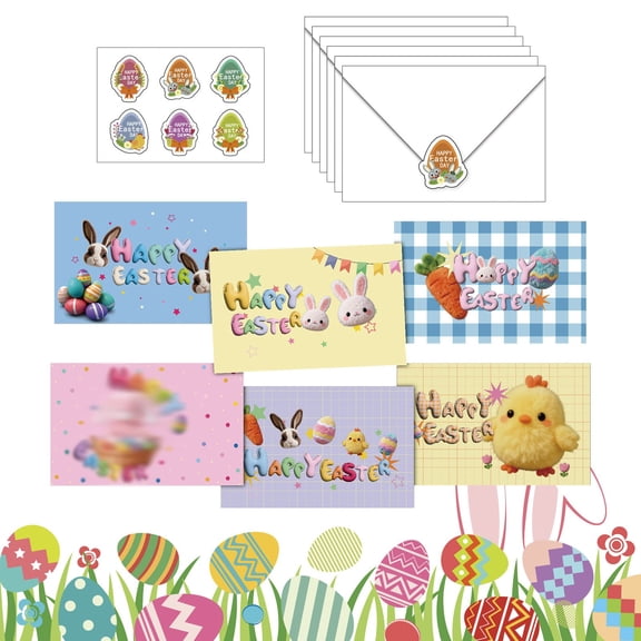 Shiogb 12 Pack Easter Cards with Envelopes & Stickers, Happy Easter Greeting Cards Bunny Card for Classroom Exchange, Spring Cards, B