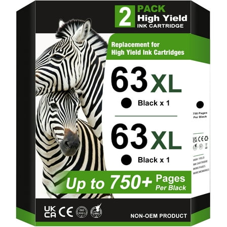 63XL Ink Cartridges Compatible for HP 63 Black Ink Cartridge for HP 3830 4650 4652 4655 5200 5252 5255 5258 4520 4512 1112 2132 3630 3632 Printers (2 Black)