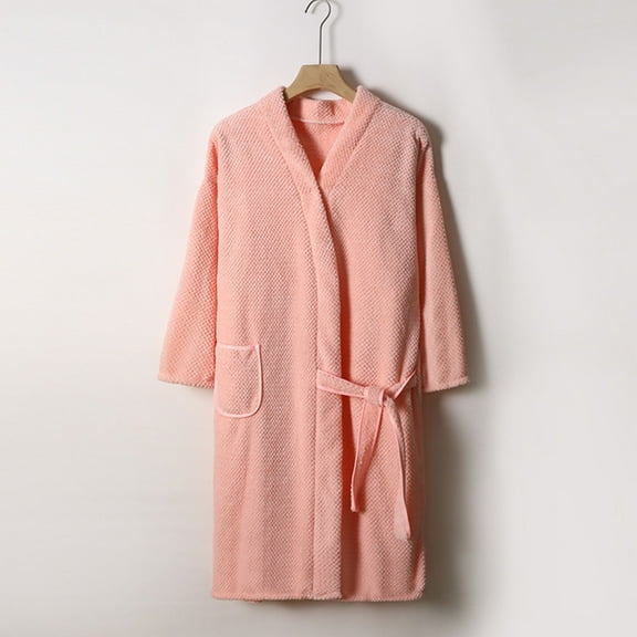 Womens Plush Hooded Bathrobe Fleece Long House Coat Soft Sleepwear Flannel Winter Robes Fluffy Nightgown with Pocket Pink Free Size