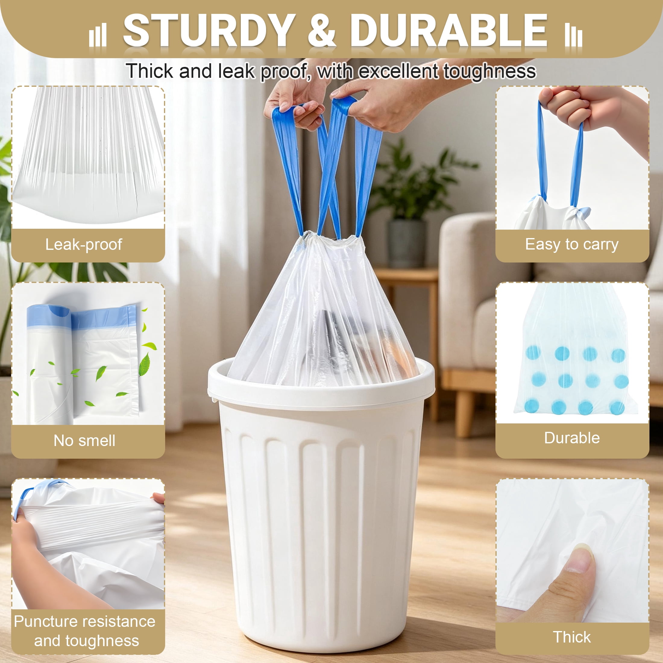 4 Gallon Drawstring Trash Bags, 160 Count Small Plastic Garbage Bags, Leak Proof Thick Disposable Trash Liners for Bathroom Kitchen Office Bedroom
