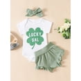 thumbnail image 2 of Faithtur Ensemble de Vêtements d'Été pour Bébé Fille Imprimé Trèfle Manches Courtes Col Rond Barboteuse Shorts Taille Élastique Bandeau 3 Pcs, 2 of 9