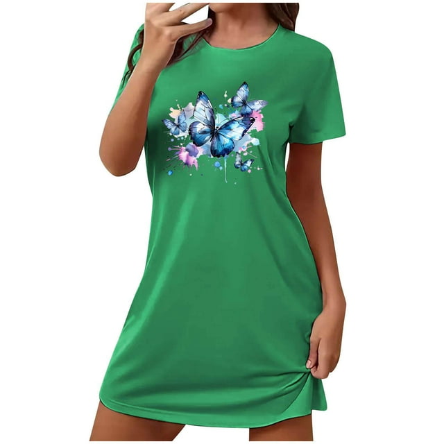Tauxra Chemise de Nuit à Manches Courtes pour Femmes Coupe Ample Robe de Nuit avec Imprimé Col Rond Chemise de Nuit Décontractée pour Femmes Grande Taille p-TTG