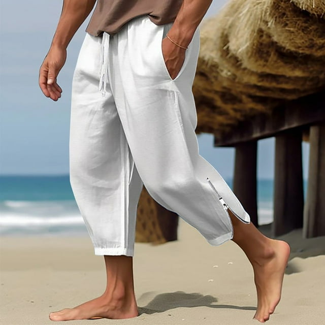 Mens Casual Solid Cropped Pants Drawstring Waist Side Zipper Athletic Gym With Pocket
