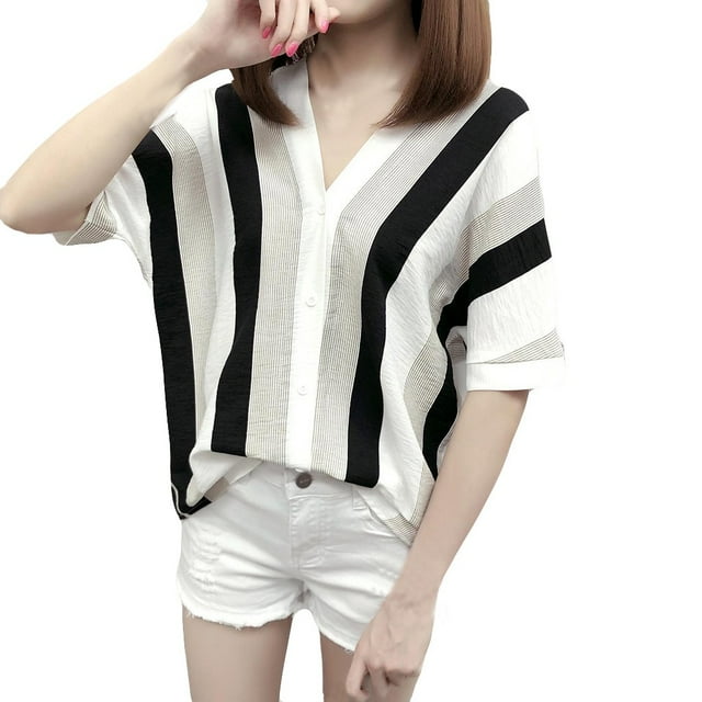 Gibobby Blusas Elegantes Para Mujer Blusa con cuello en V a rayas de manga para mujer Camisa de Blusa corta de ocio superior suelta para mujer(Negro, M)