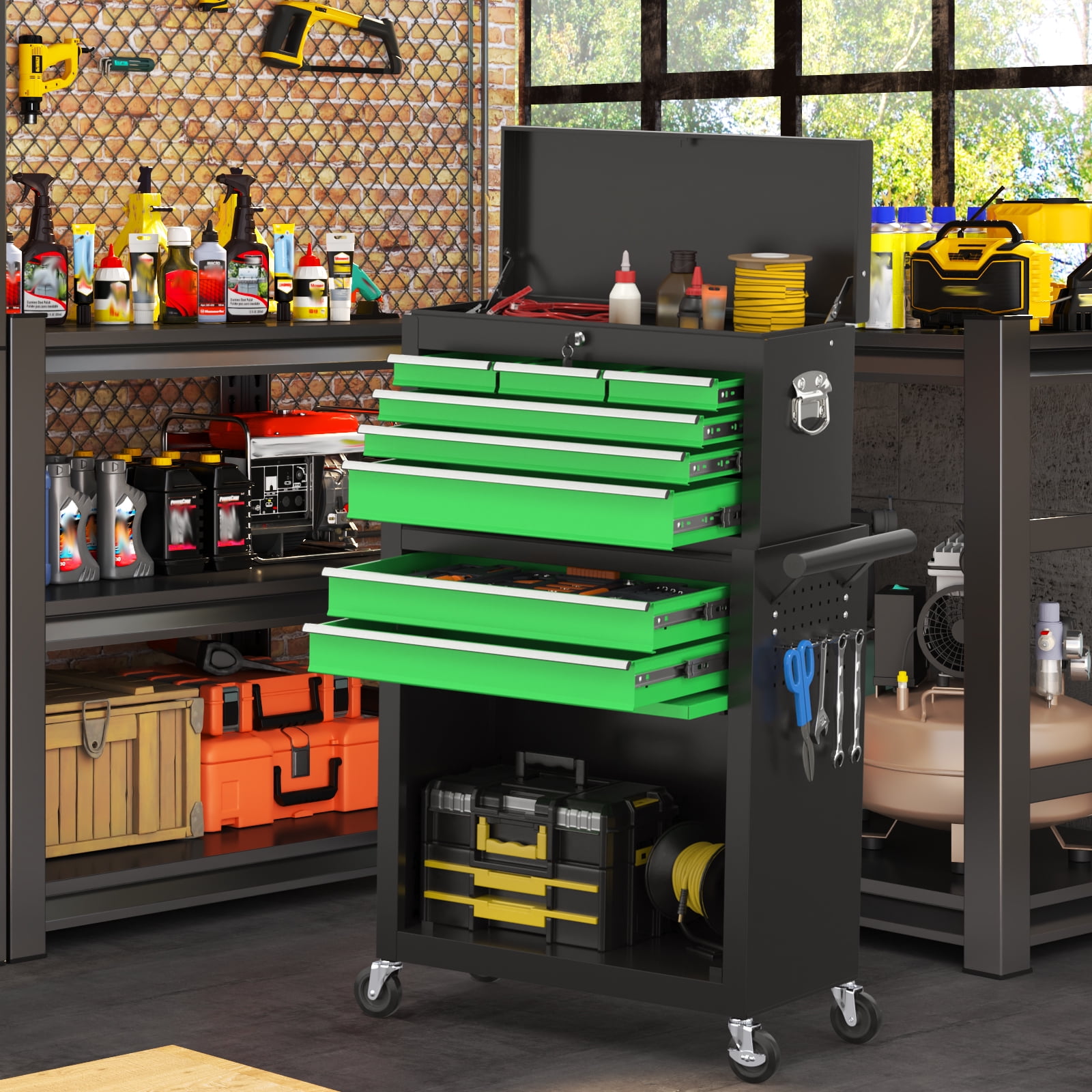 Odaof, 54 lb, 24.4" 8-Drawer Detachable Toolbox with LockGreen and Black