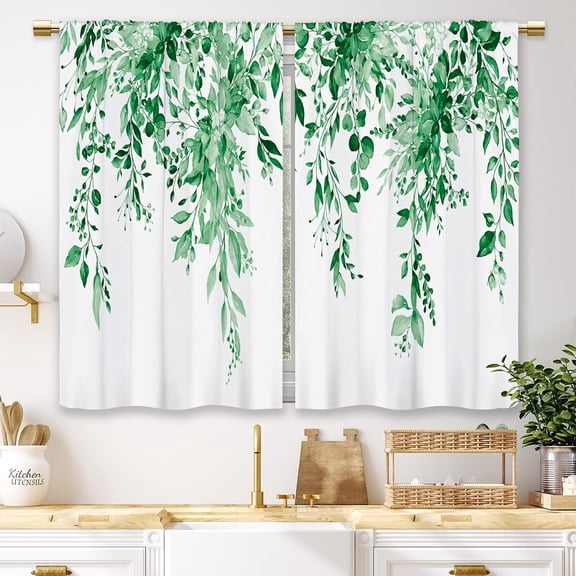 Eucalyptus Turquoise Green Leaves Kitchen Curtains Botanical Floral Plant Small Short Cafe Window Curtains Flower Rod Pocket Bathroom Drapes Treatment Tier Curtains 2 Panels (26x36 Inch)