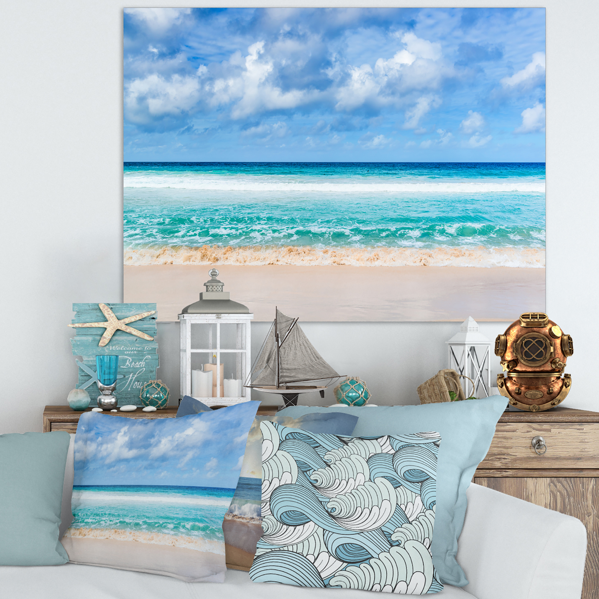 Designart 'Tranquil Beach under White Clouds ' Modern Seascape Canvas Artwork