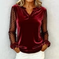 thumbnail image 2 of FRSASU Women's Elegant Patchwork Velvet Shirts Mesh Long Sleeve Dressy Loose Crewneck Lightweight Cocktail Tops Wine-A, 2 of 6