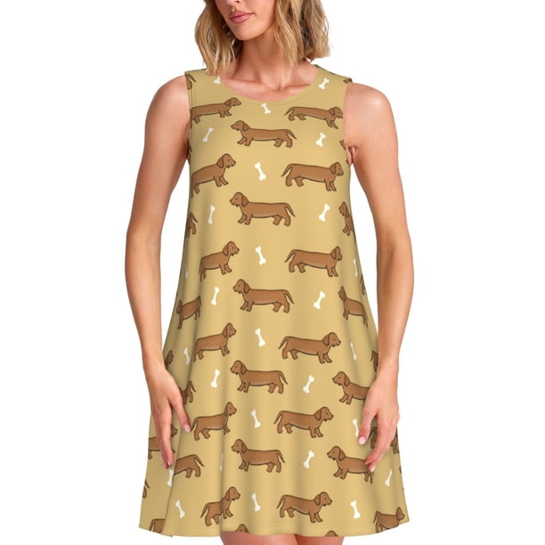 Easygdp Dachshund Dog Puppy para Vestido Transpirable de Mujer, Vestido Suelto de Manga Corta con Pliegues y Bolsillos para el Verano