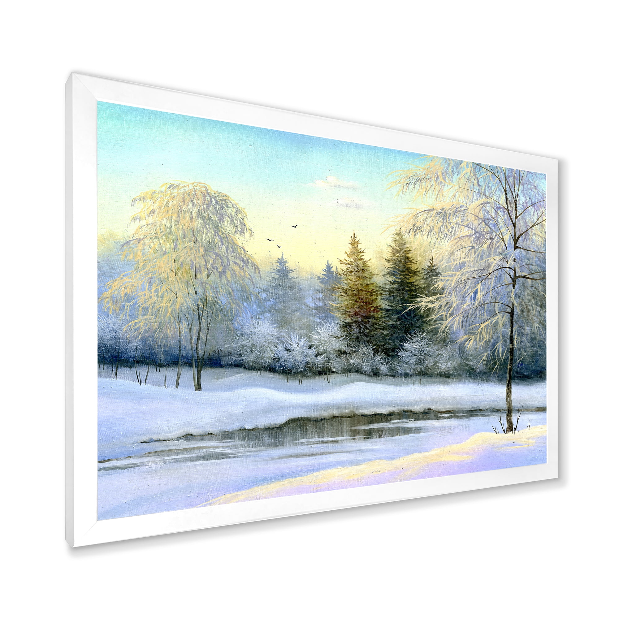 Designart 'Green Trees In Beautiful Winter Snow Landscape' Traditional Framed Art Print
