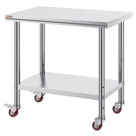 36x24 Inch Stainless Steel Commercial Work Table with 4 Wheels Heavy Duty Food Prep Worktable for Kitchen Restaurant