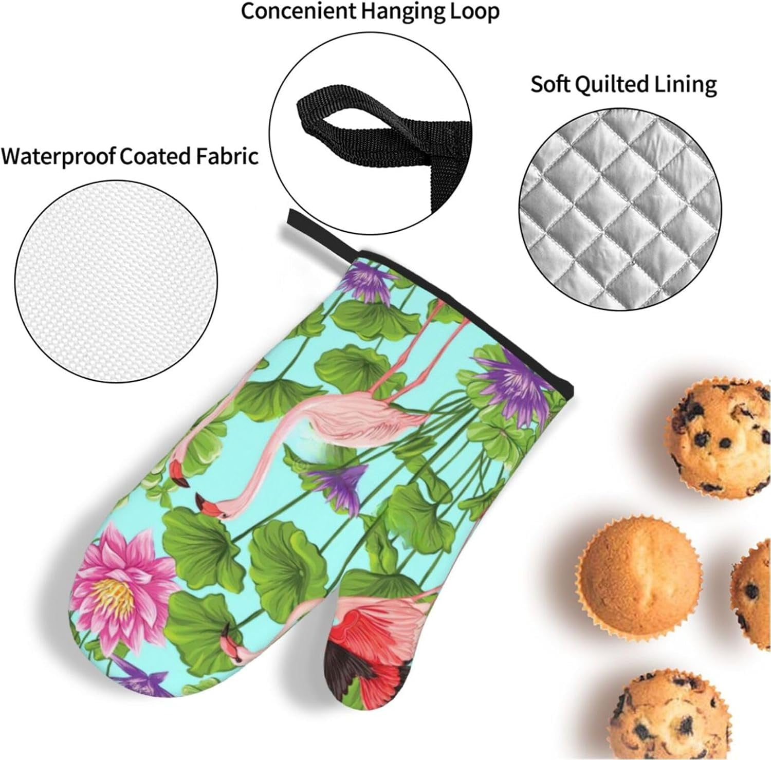 Flamingo Love Flowers Oven Mitts and Pot Holders Sets for Kitchen 4 Pcs 7"X11" Heat Resistant Baking Cooking
