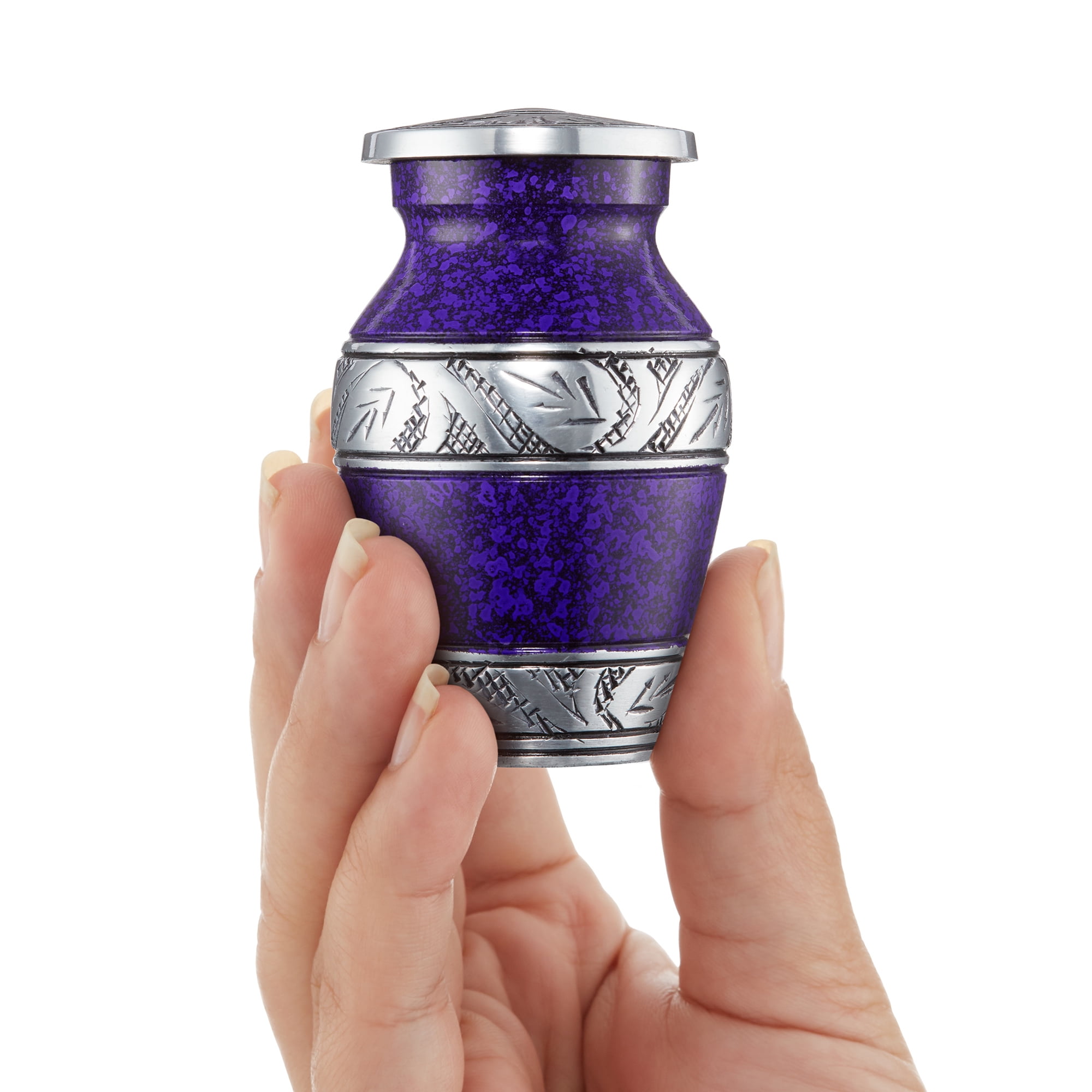 Reminded  Small Cremation Keepsake Urns for Human Ashes, Set of 4 Purple and Silver Miniature Urns with Velvet Case and Bags