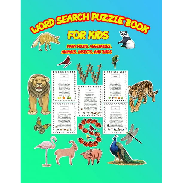 word search puzzle book for kids: many fruits, vegetables, animals,  insects, and birds, size 