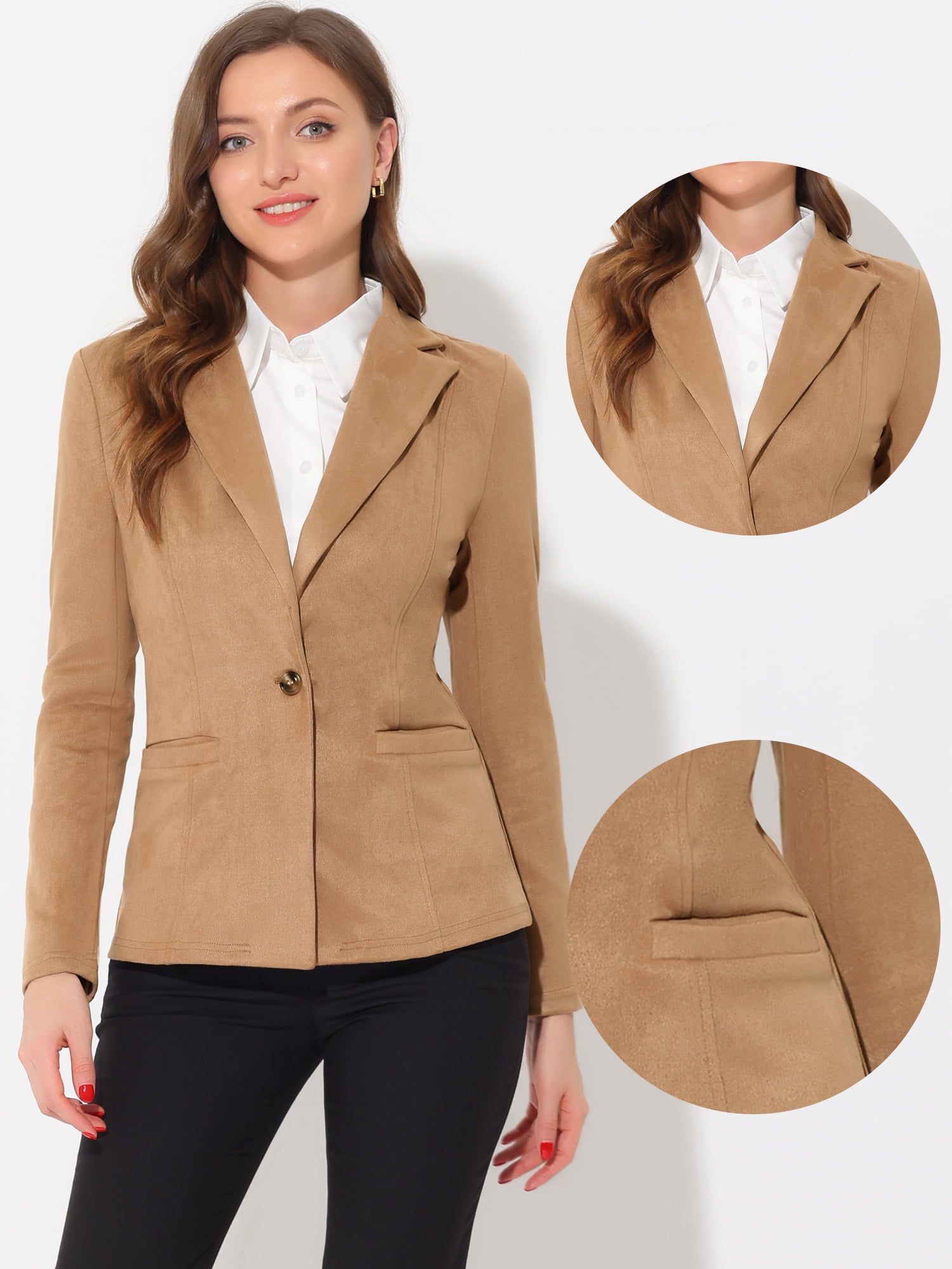 DARING DIVA Lapel Collar Long Sleeve Faux Suede Blazer 3XL Khaki
