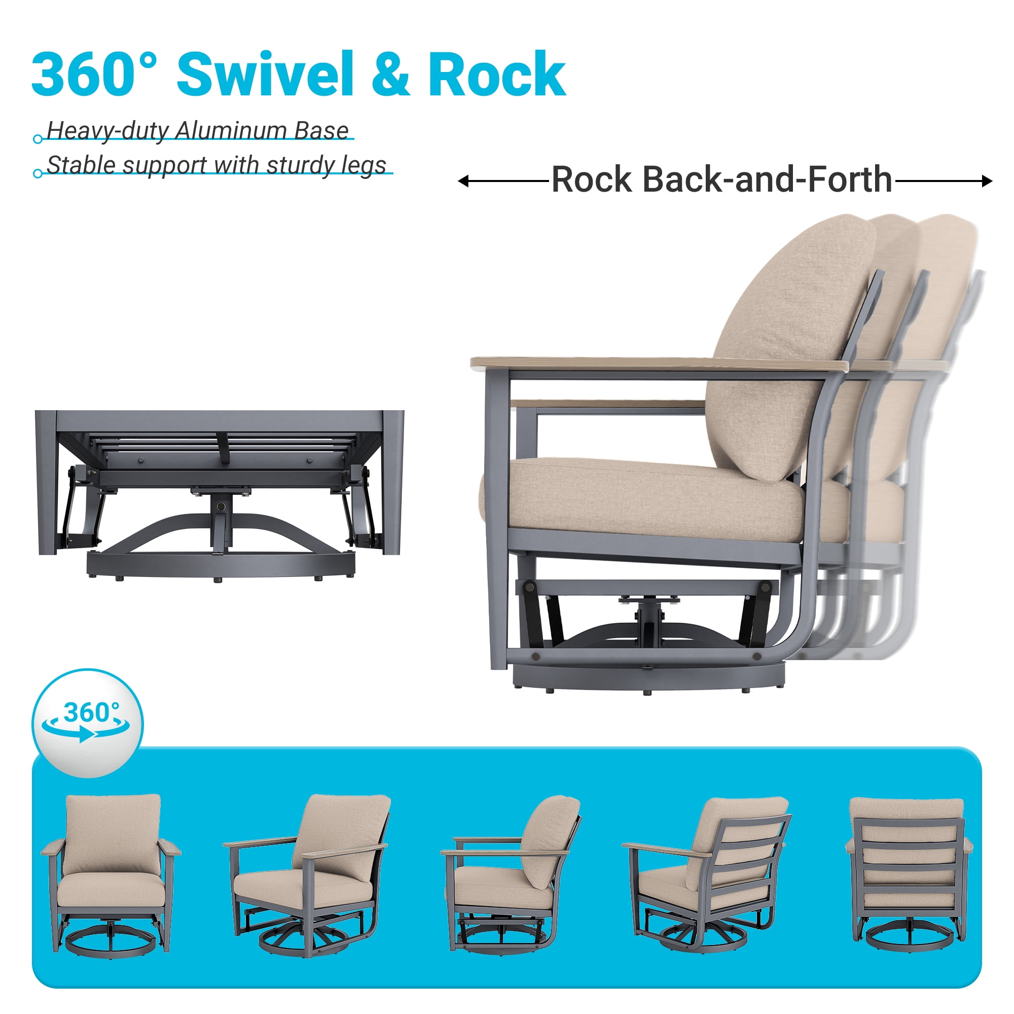 Muphyers 5 Pieces Aluminum Patio Furniture Set, 360° Swivel Rocker Chairs, 3.3" Wide Armrests Patio Conversation Sets, 5.1" Washable Cushions Outdoor Couch for Backyard, Deck, Poolside,Khaki