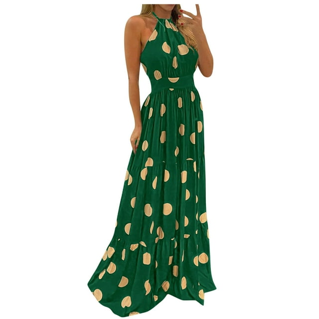 Leutsin Robe Maxi Grande Taille pour Femmes à Imprimé Tropical, Dos Nu à Col Licou, Aguichant, Sans Manches, de Plage, Grande Taille