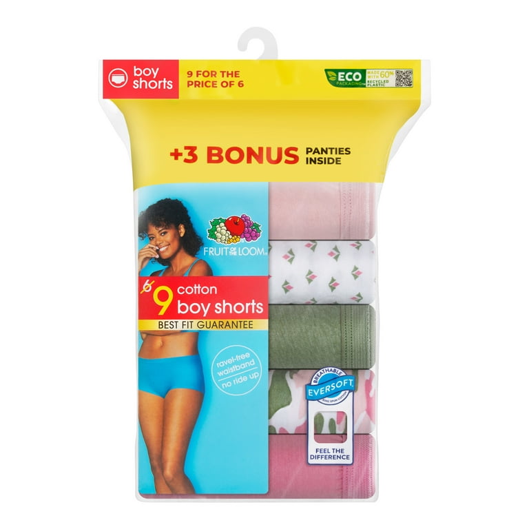 Fruit of the Loom Women's Boyshort Underwear, 6+3 Bonus Pack