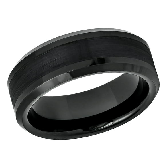 Free Engraving Personalized Custom Engraving Men's Women's Tungsten Wedding Band 8mm Black IP Plated Brushed Center Shiny Lines on each side Beveled EdgeSZ: 9