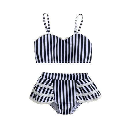 

Sunisery 2Pcs Toddler Kids Girls Bikini Sets Striped Camisole Lace Patchwork Briefs Swimsuit Summer Beachwear Black White 3-4 Years