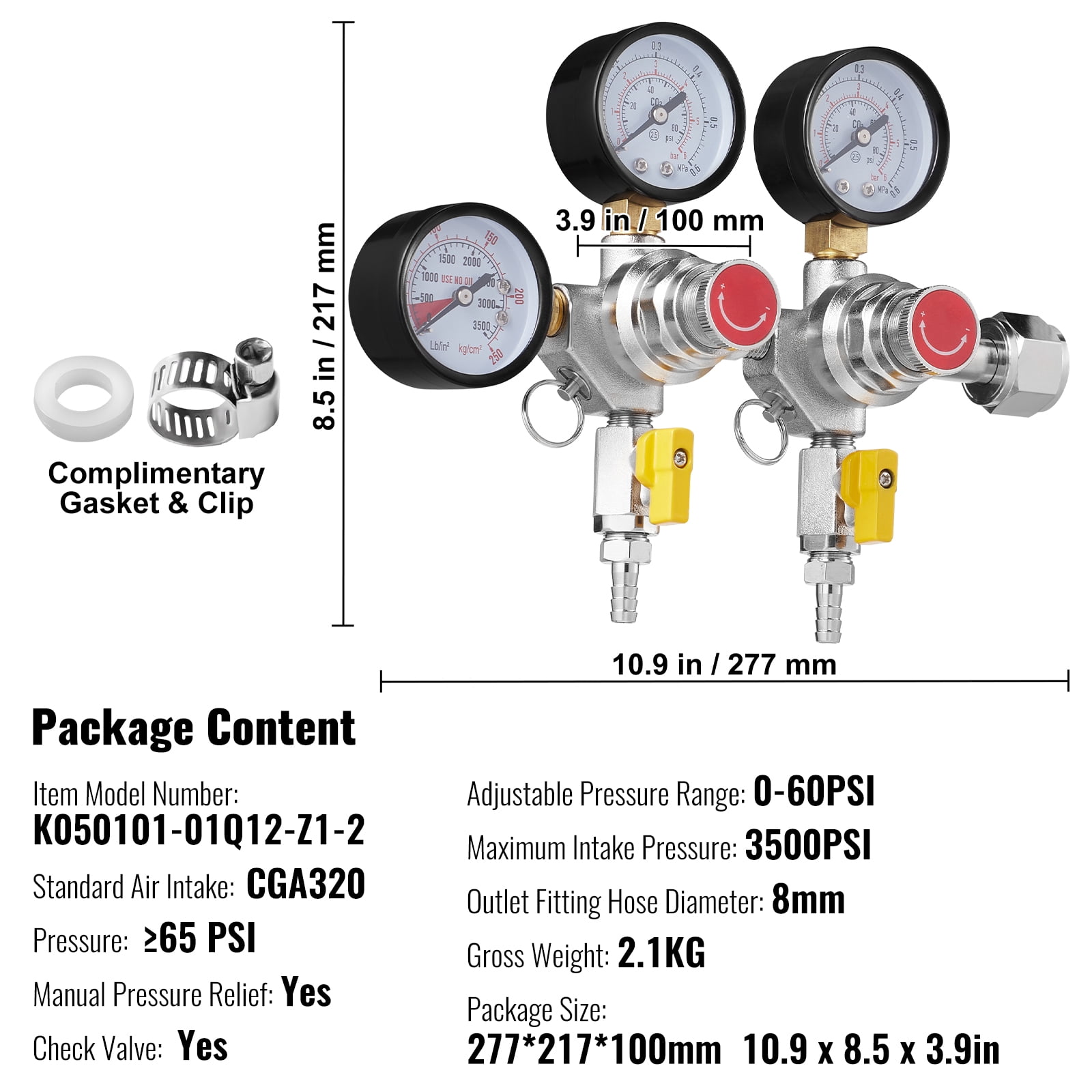 KFFKFF Draft Beer Homebrew CGA320 CO2 Regulator Gauge with Check Valve