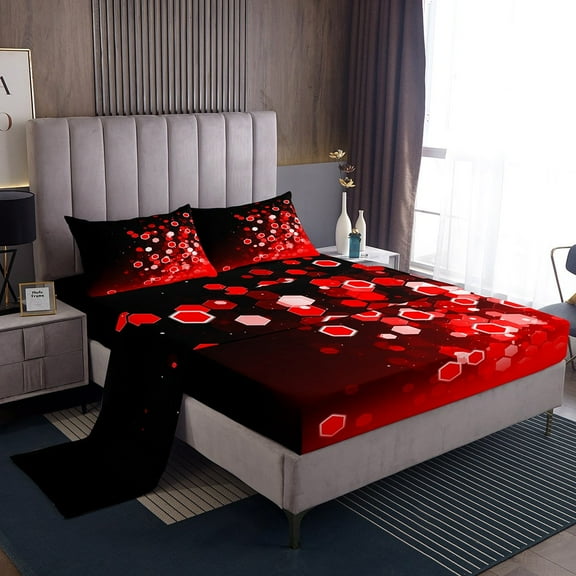 Erosebridal Red Hexagon Sheet Set Twin,Geometric Honeycomb Bedding Sets Twin Size,Gradient Ombre Twin Sheet Sets,Breathable Geometry Room Decorative,3pcs