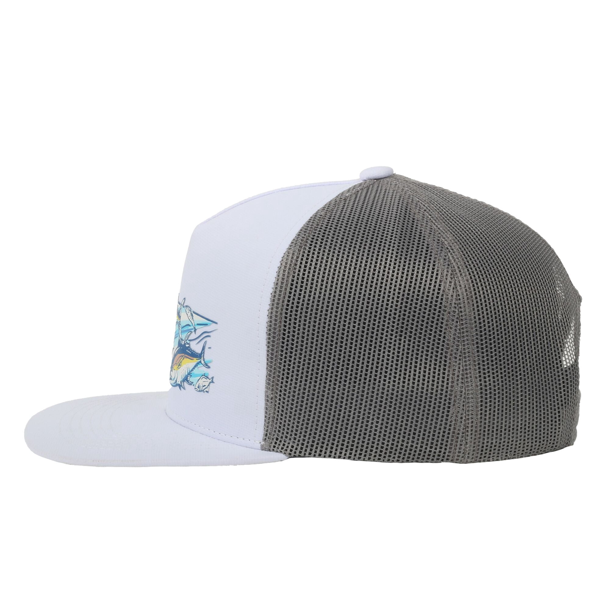 White/Grey Mahi Mahi 5-Panel Fishing Cap – Structured, Flat Bill Snapback, One Size