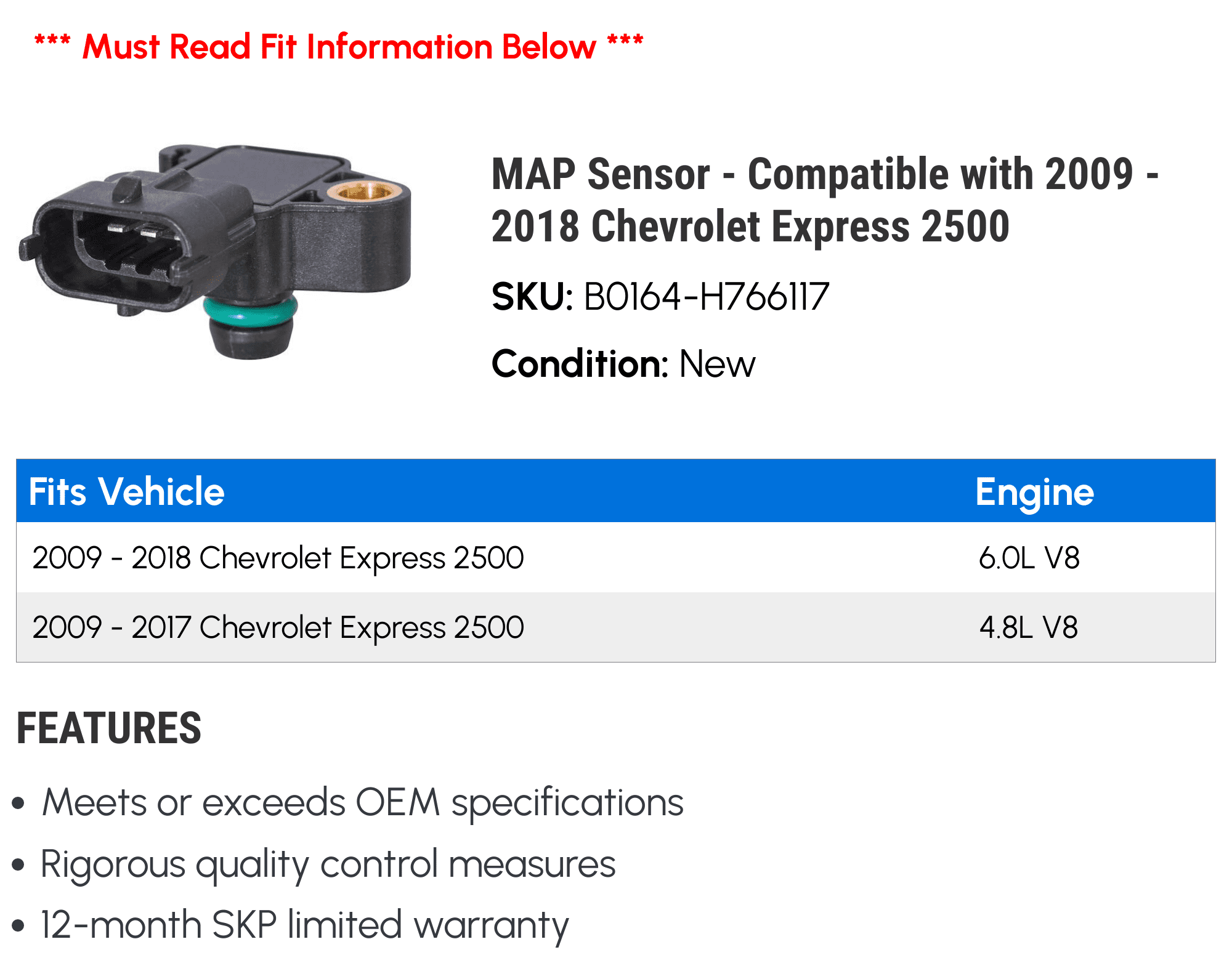MAP Sensor - Compatible with 2009 - 2018 Chevy Express 2500 2010 2011 2012 2013 2014 2015 2016 2017