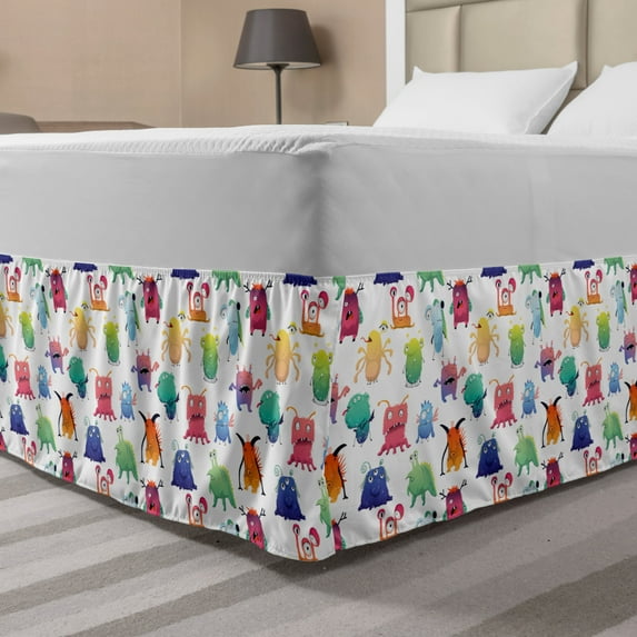 Childish Bed Skirt, Colorful Cartoon Characters Different Kind Monsters Along Funny Eyes and Teeth, Elastic Bedskirt Dust Ruffle Wrap Around for Bedding Decor, 4 Sizes, Multicolor, by Ambesonne