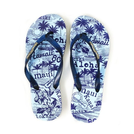 Hawaiian Print Sunset Beach Palm Hibiscus Wave Men Flip Flops Sandals in Vintage Blue