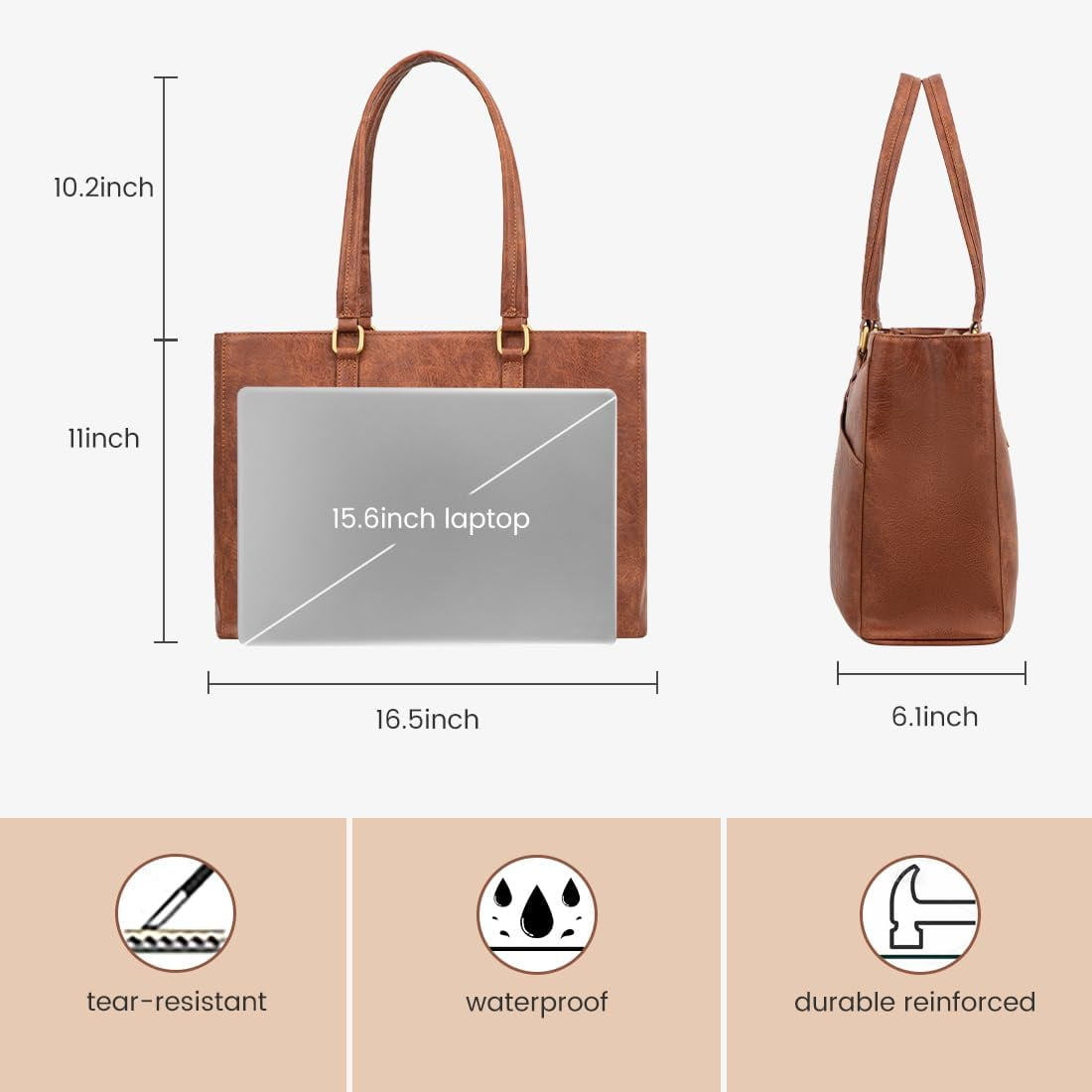 RKXQT Laptop Bag for Women 15.6 Inch Tote Bags Waterproof Leather Briefcase Computer Women Business Office Work Bag,Vintage Brown