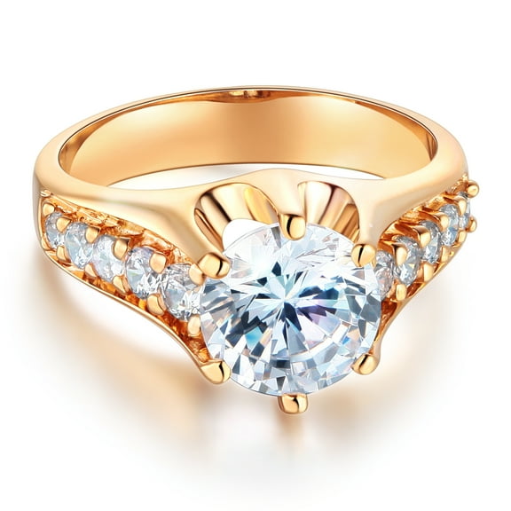 Wellingsale Ladies Solid 14k Yellow Gold Polished CZ Cubic Zirconia Round Cut Engagement Ring with Side Stones - Size 4