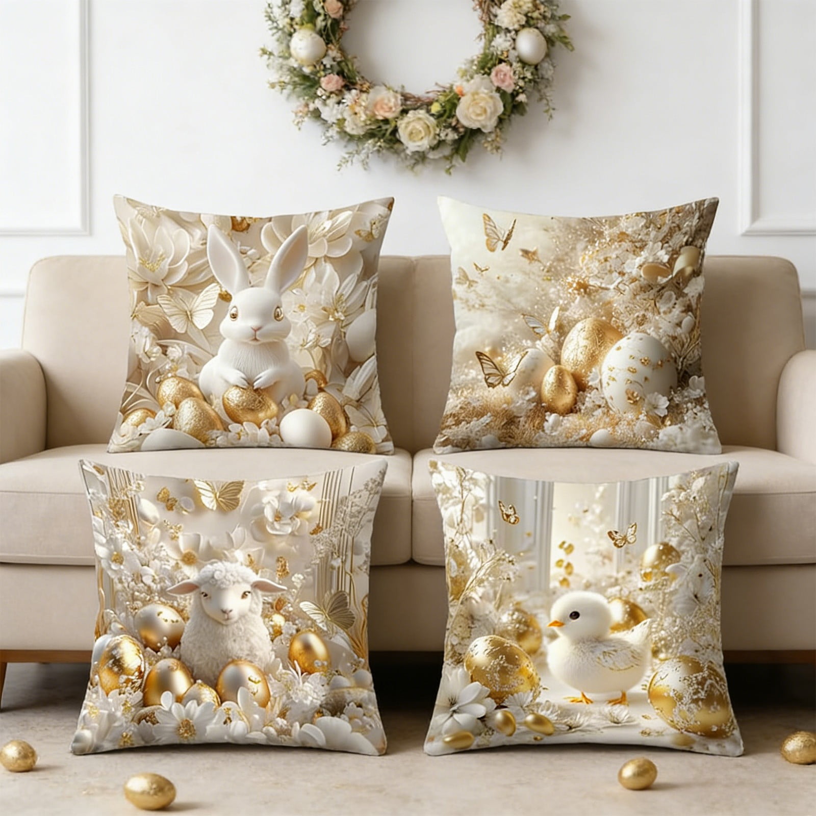 Easter Pillow Covers Set of 4, Bunny and Egg Pattern Spring Decorative Throw Pillow Covers 18x18 Inch for Sofa Couch Living Room, Soft Fabric Easy Care