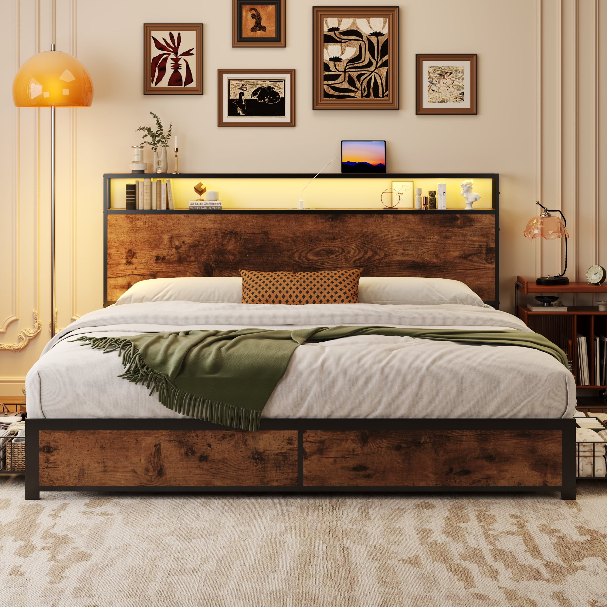 Fluest King Bed Frame with 2-Tier Storage Headboard, USB Port and LED Light, 4 Storage Drawers, Brown