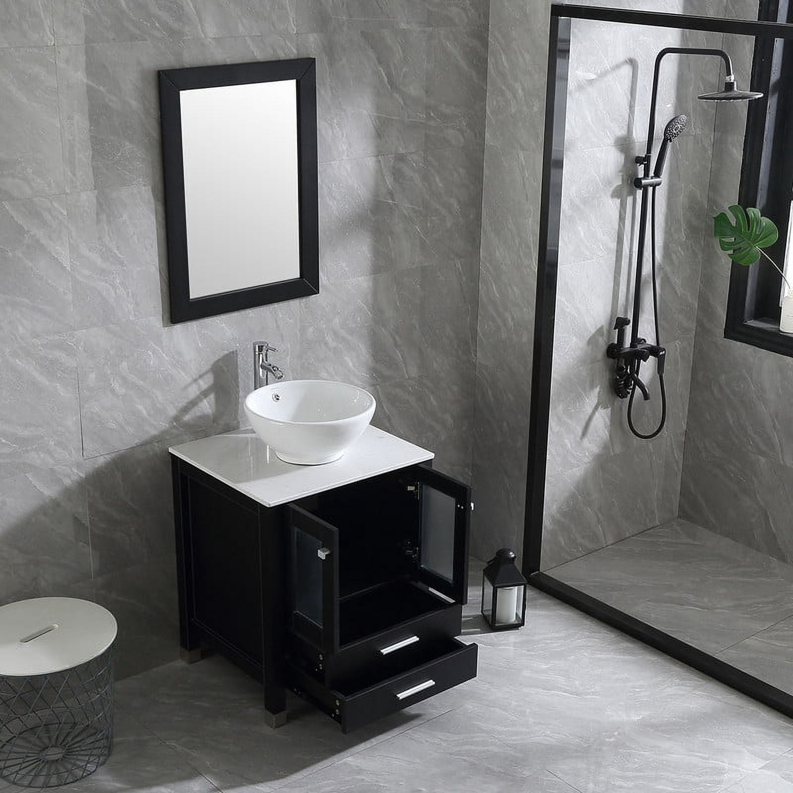 Walsport 24" Luxurious Bathroom Vanity and Sink Combo Wood Cabinet Top Round Ceramic Vessel Sink Faucet Drain Combo with Mirror Vanities Set,Black