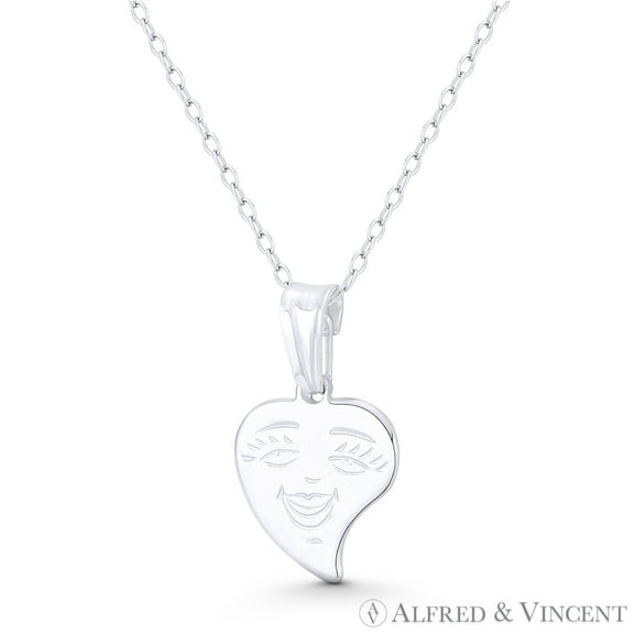 Flat Heart Smiling-Face Love Charm 22x13mm (0.9x0.5in) Pendant in .925 Sterling Silver