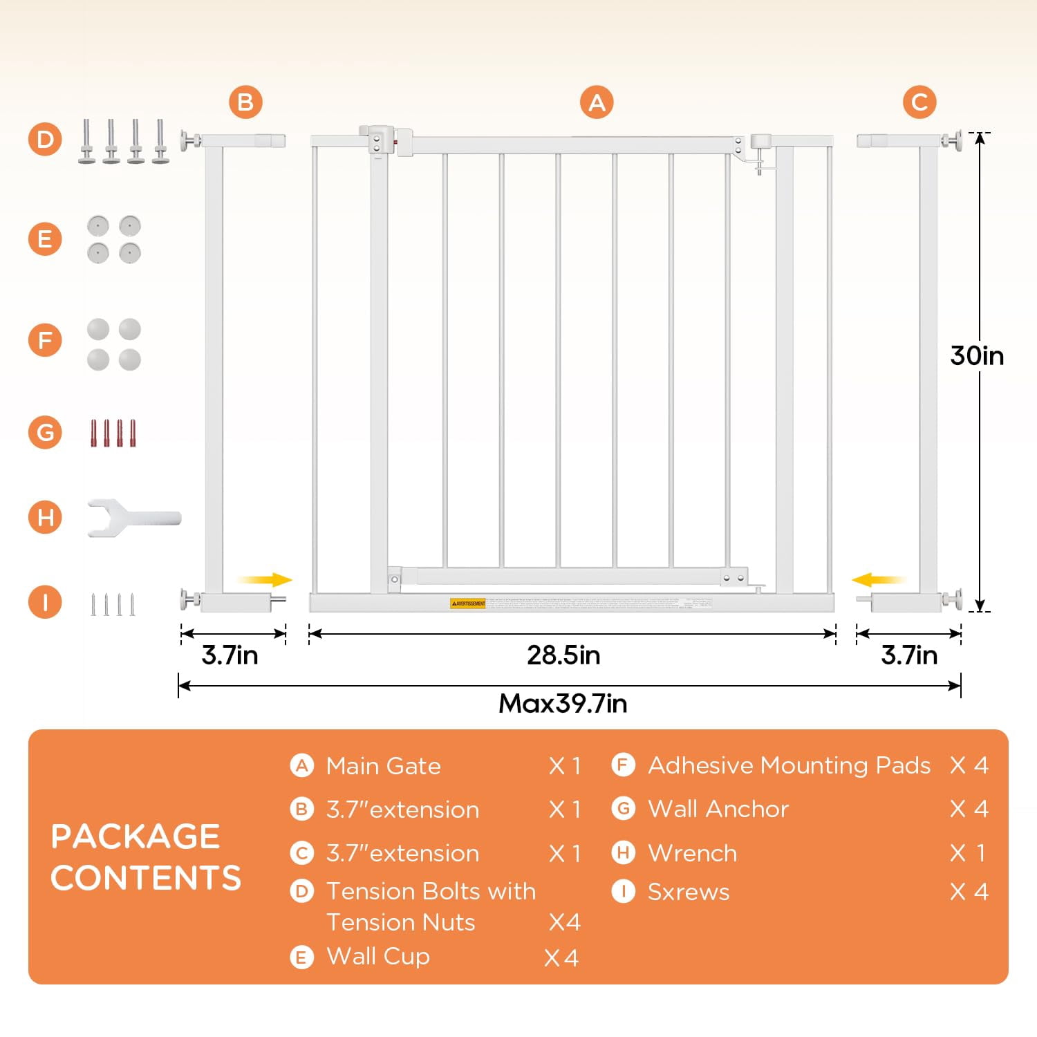 BORGEBY 30”Tall Dog Gate, Fits 28.5”-39.7” Wide Openings,Adjustable Safety Pets Gates for Stairs & Doorways,White