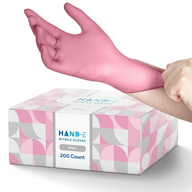 HandE Nitrile Gloves (S) 200 Count Disposable, Pink, Powder and Latex Free Gloves