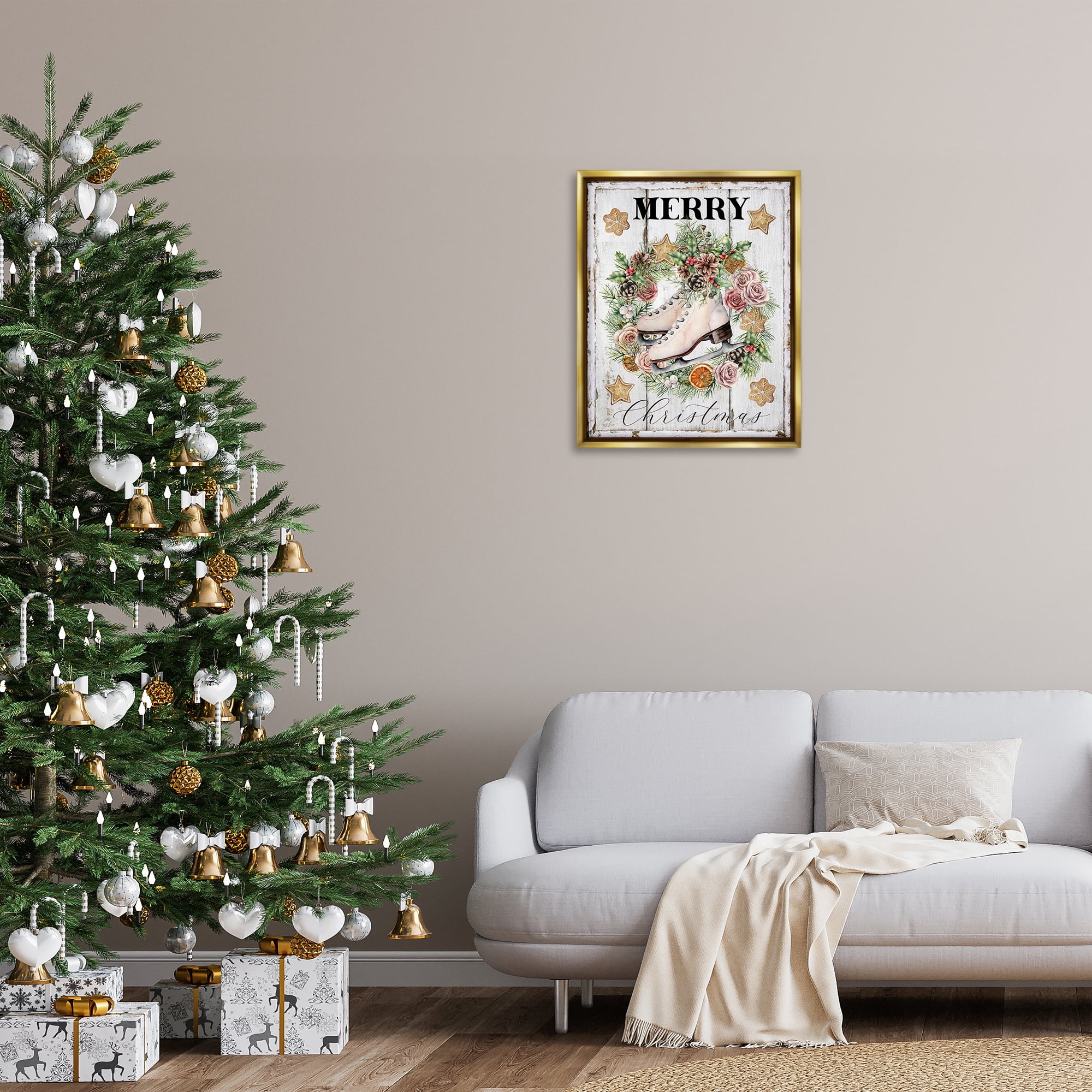 Stupell Industries Winter Ice Skates Holiday Painting Gold Floater Framed Canvas Art Prints Wall Art, 25 x 31