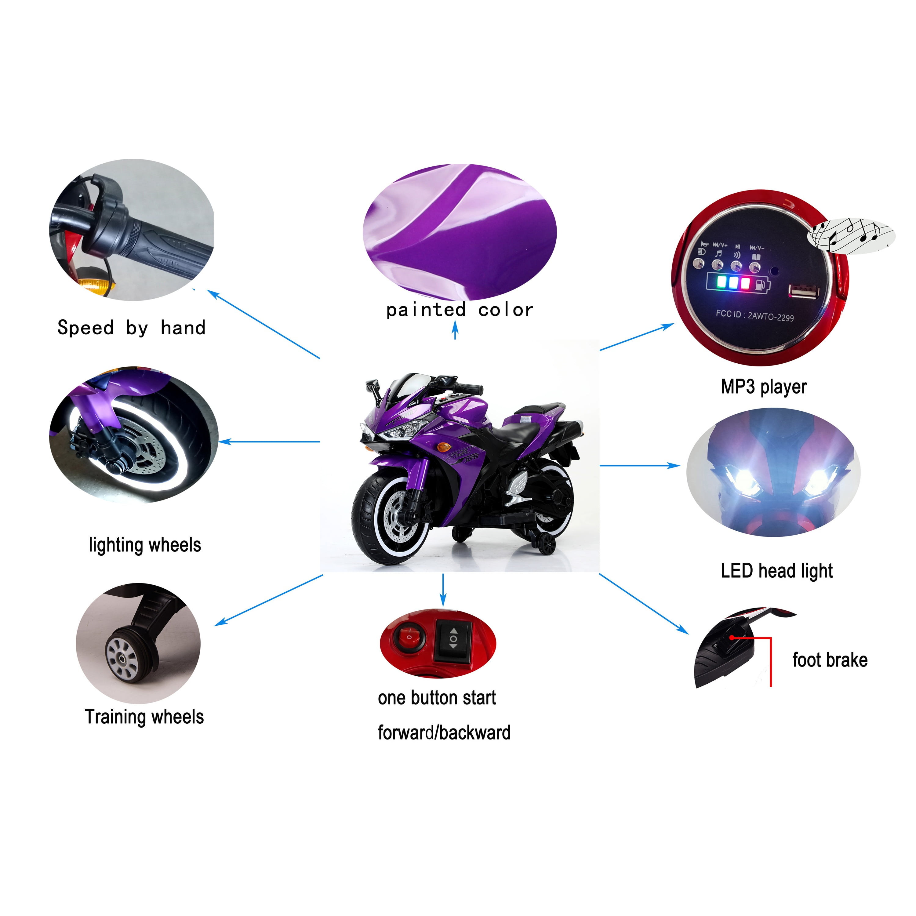 Tamco 12V Motorcycle for Kids 3-6 Years Ride On Vehicle With Training  Wheels/Manual throttle/ Drive By Hand /Lighting  Wheels