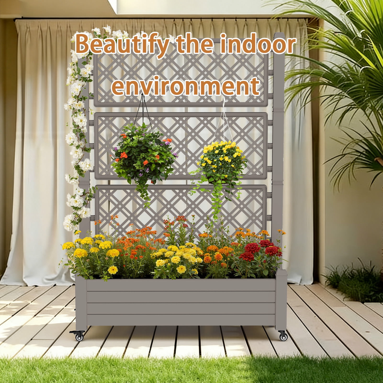 Fazzn Raised Garden Bed with Trellis, Large Outdoor Planter Trellis Box with Drainage Holes and Wheels for Climbing Plants.(Brown）