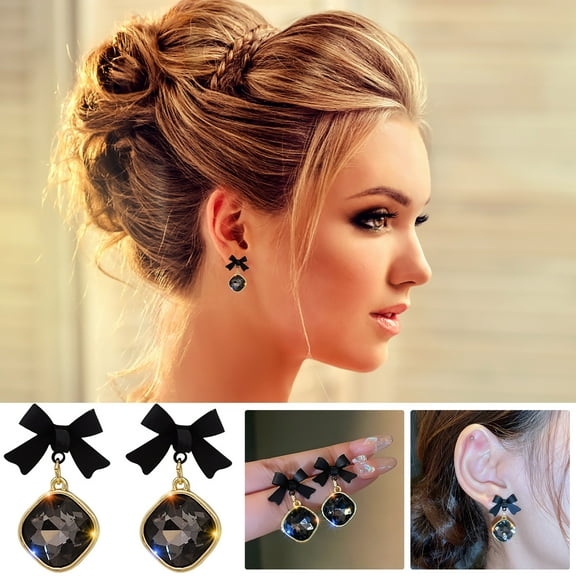 PPgejGEK Womens Earrings Black Bow Earrings Fashion Crystal Shining with Shining Cubic-Crystal Wonderful Gift