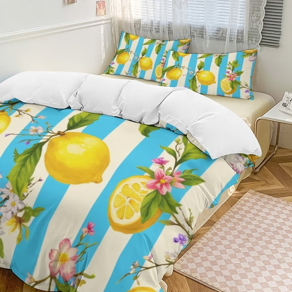 Lemon Floral Stripe Pattern Bedding Set Couple Bedclothes Pillowcase Customized Home Textiles Bed Set for Bedroom Decoration