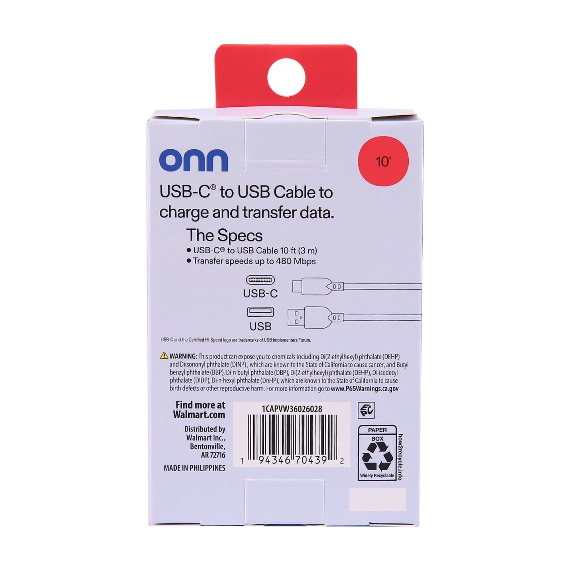 onn 10-Foot USB-C to USB-A Cable, White