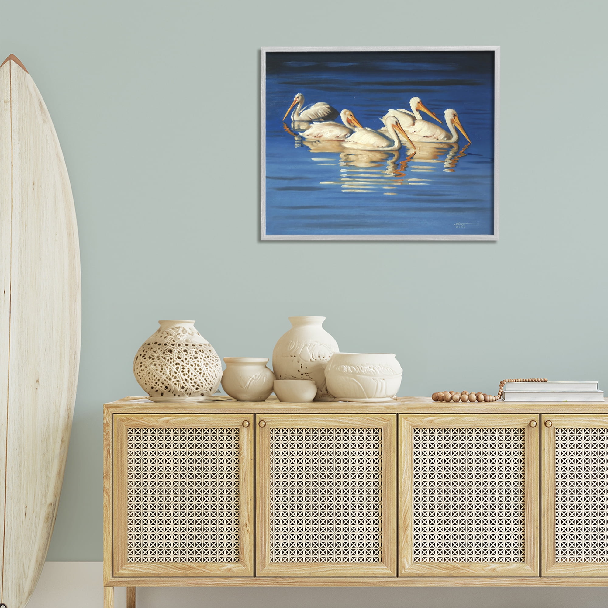 Stupell Industries Pelican Flock Lake Ripples Animals & Insects Painting Gray Framed Art Print Wall Art, 30 x 24