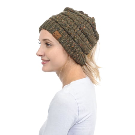C.C MB-33 Soft Stretch Cable Knit Warm Hat High Bun Beanietail Ponytail Beanie Confetti New Olive