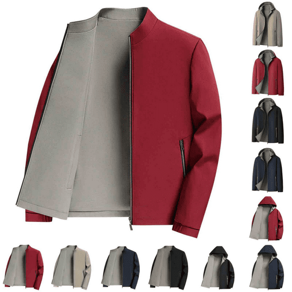 Titcea Lightweight Jacket for Men, Fall Reversible Stand Collar Solid Color Zipper Jacket with Pockets, Loose Comfortable Outdoor Casual Coat, M-4XL