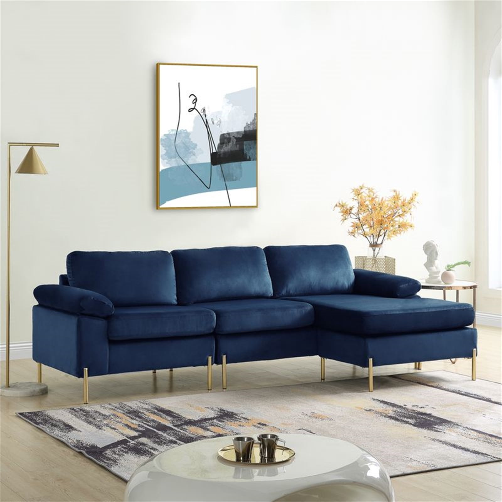 Hommoo Velvet L-Shaped Sectional Sofa with Chaise, Modern Living Room Sofa Set, Blue